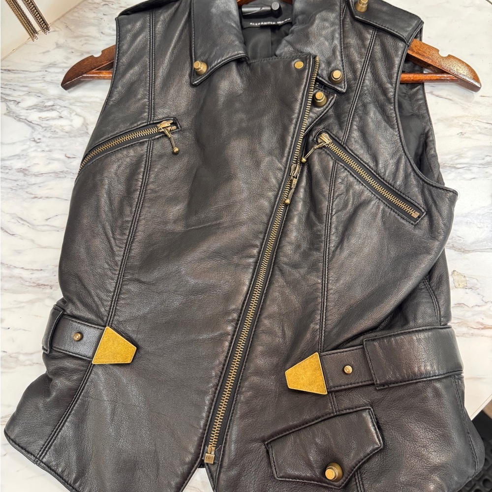 Alexander Wang Black Leather Moto Vest with Gold Hardware